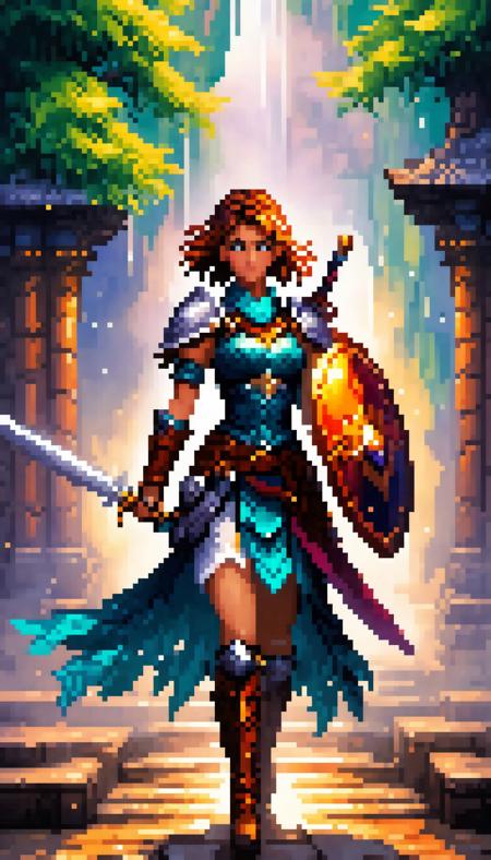 Pixel art of a fierce female warrior with a sword and shield in a fantasy setting, featuring vibrant XL 0.jpg